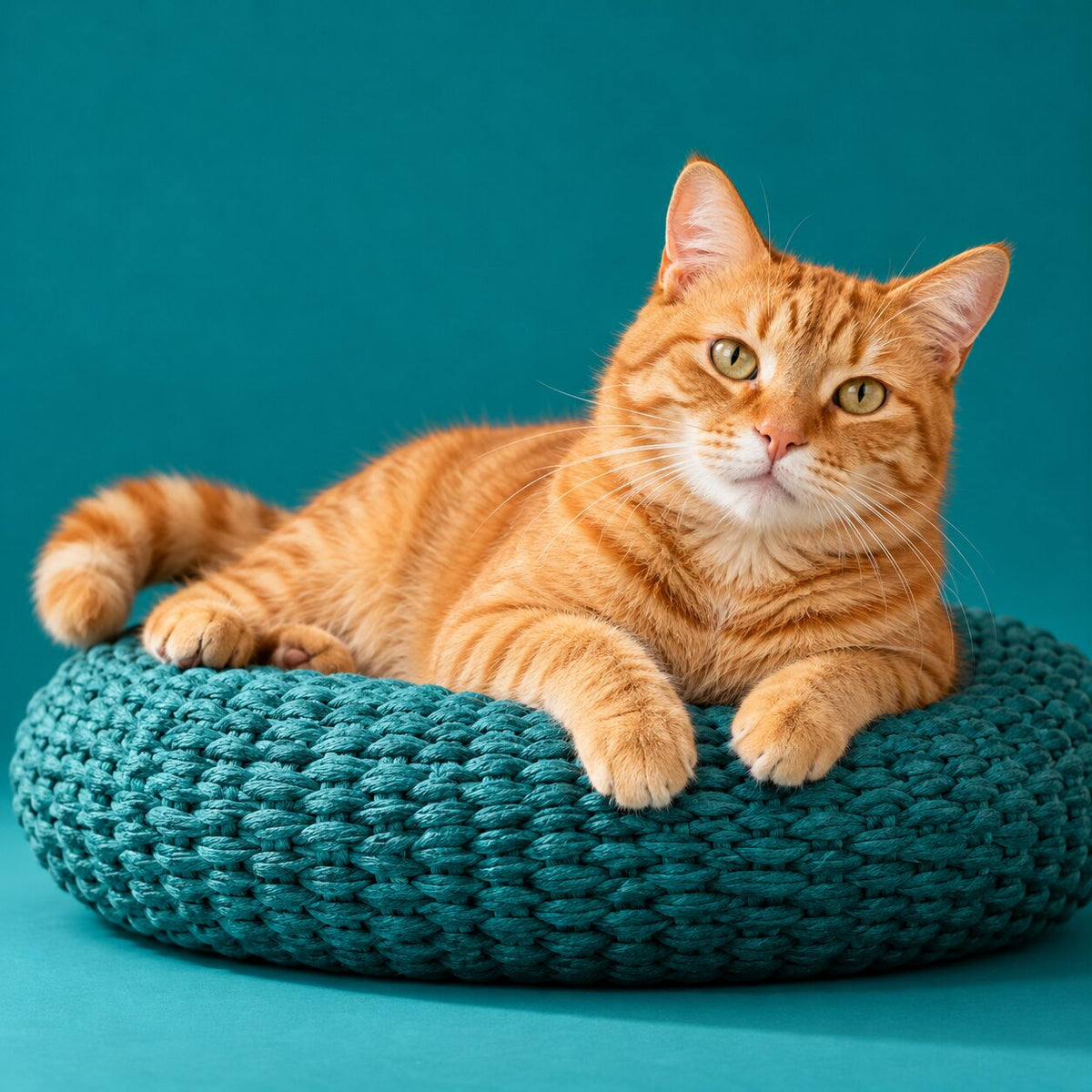 A ginger tabby cat lying on a teal woven cushion
