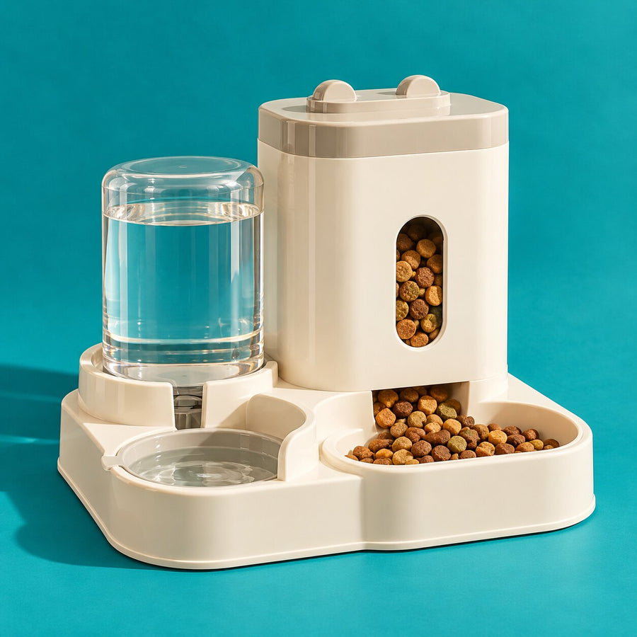 A cream gravity food and water dispenser for cats on teal