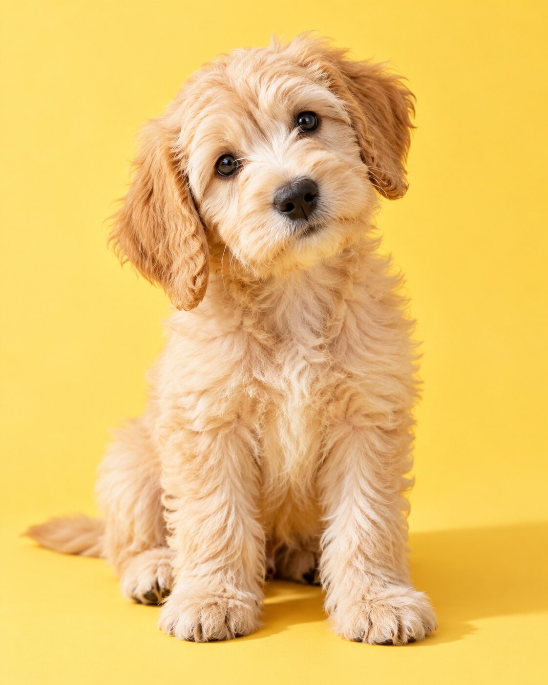 A fluffy cream puppy tilting its head