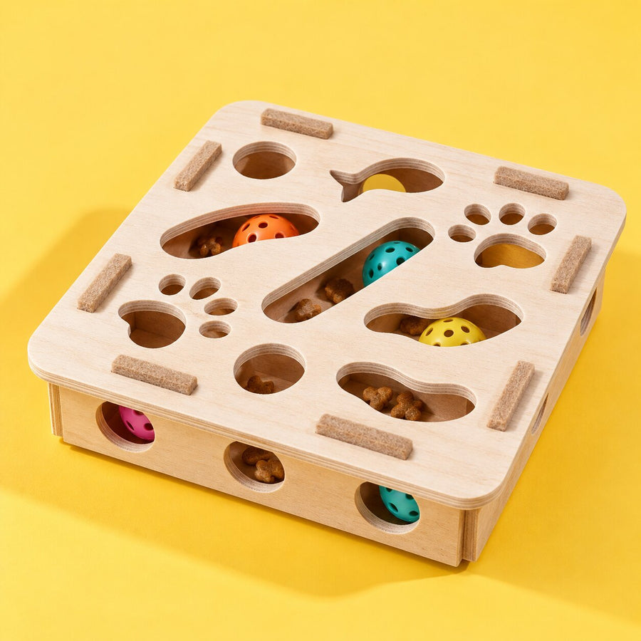 A birch wood treat puzzle box for cats on yellow