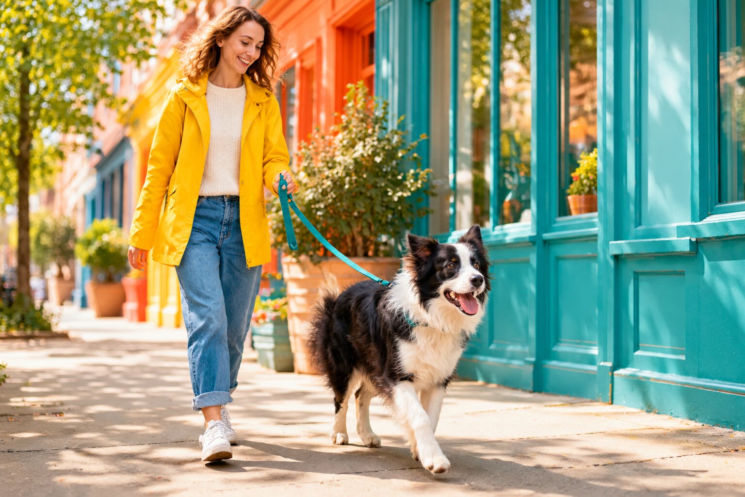 A woman in a yellow raincoat walks a border collie down a sunny street